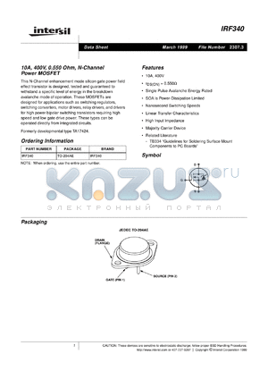 IRF341IRF342 datasheet - 10A and 8.3A, 400V and 350V, 0.55 and 0.80 Ohm, N-Channel Power MOSFETs