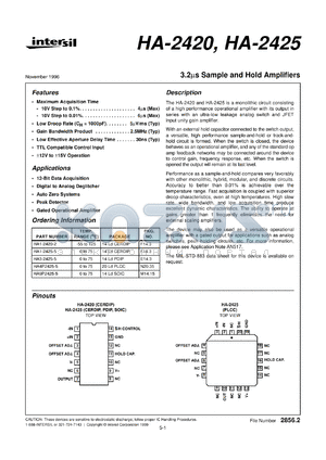 HA2425 datasheet - 3.2 Microsecond Sample and Hold Amplifiers