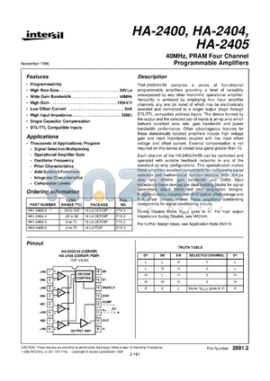 HA-2405 datasheet - 40MHz, PRAM Four Channel Programmable Amplifiers