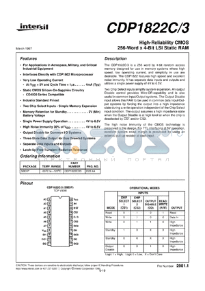 CDP1822C/3 datasheet - High-Reliability CMOS 256-Word x 4-Bit LSI Static RAM