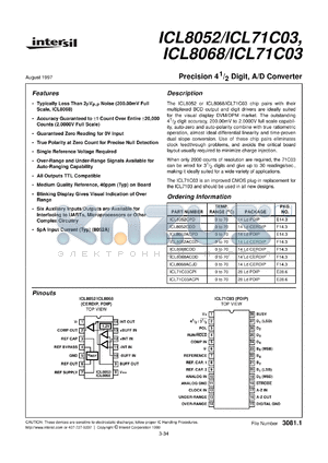 ICL8052/ICL71C03 datasheet - Precision 4 1/2 Digit, A/D Converter