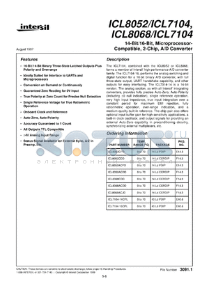 ICL8052/ICL7104 datasheet - 14-Bit/16-Bit, Microprocessor-Compatible, 2-Chip, A/D Converter