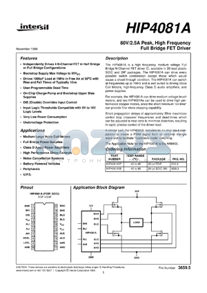 HIP4081A datasheet - 80V/2.5A Peak, High Frequency Full Bridge FET Driver