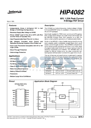 HIP4082 datasheet - 80V/1.25A Peak Current Full Bridge FET Driver