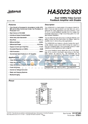 HA5022/883 datasheet - Dual 100MHz Video Current Feedback Amplifier with Disable