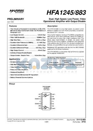 HFA1245/883 datasheet - Dual, High Speed, Low Power, Video Operational Amplifier with Output Disable