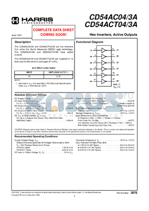 CD54ACT04F3A datasheet - Hex Inverters, Active Outputs