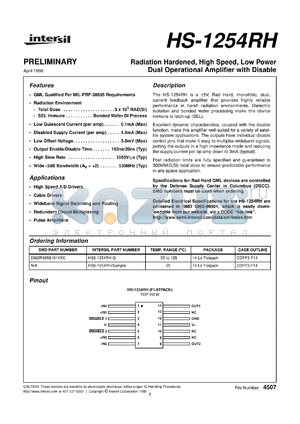 HS-1254RH datasheet - Radiation Hardened, High Speed, Low Power Dual Operational Amplifier with Disable