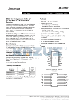 CD4504BT datasheet - CMOS Hex Voltage Level Shifter for TTL-to-CMOS or CMOS-to-CMOS Operation