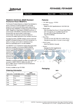 FSYA450R datasheet - Radiation Hardened, SEGR Resistant N-Channel Power MOSFETs