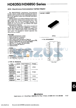 HD63A50P datasheet - CMOS ACIA (asyncronous communication interface adapter) with 1.5 MHz clock frequency