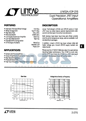 LF412A datasheet - Dual Precision JFET Input Operational Amplifiers