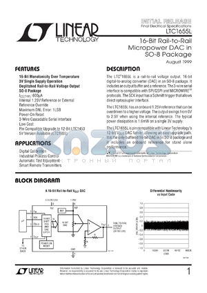 LTC1655L datasheet - 16-Bit Rail-to-Rail  Micropower DAC in  SO-8 Package