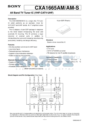 CXA1665AM datasheet - All Band TV Tuner IC(VHF-CATV-UHF)