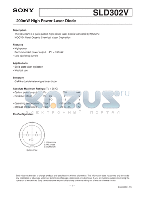 SLD302V datasheet - 200mW High Power Laser Diode