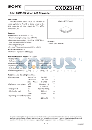 CXD2314R datasheet - 9-bit 20MSPS Video A/D Converter