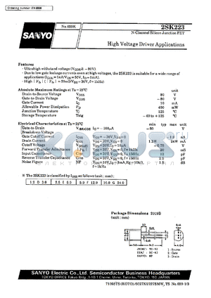 2SK223 datasheet - N-channel junction silicon FET, high-voltage driver application