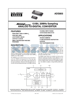 ADS805E/1K datasheet - SpeedPlus 12-Bit, 20MHz Sampling Analog-to-Digital Converter