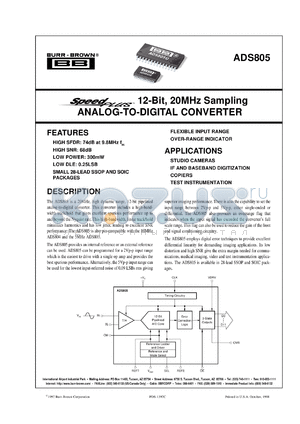 ADS805U/1K datasheet - SpeedPlus 12-Bit, 20MHz Sampling Analog-to-Digital Converter