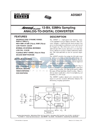 ADS807E/1K datasheet - SpeedPlus 12-Bit, 53MHz Sampling Analog-To-Digital Converter