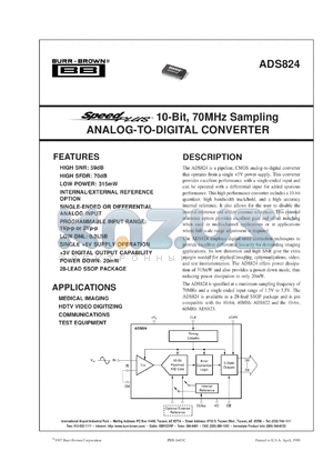 ADS824E/1K datasheet - SpeedPlus 10-Bit, 70MHz Sampling Analog-to-Digital Converter