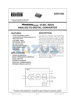 ADS1252U/2K5 datasheet - ResolutionPlus 24-Bit, 40kHz Analog-to-Digital Converter