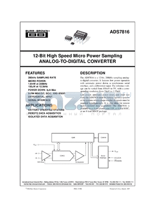 ADS7816E/250 datasheet - 12-Bit High Speed Micro Power Sampling Analog-to-Digital Converter