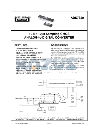 ADS7820UB/1K datasheet - 12-Bit 10µs Sampling CMOS Analog-To-Digital Converter