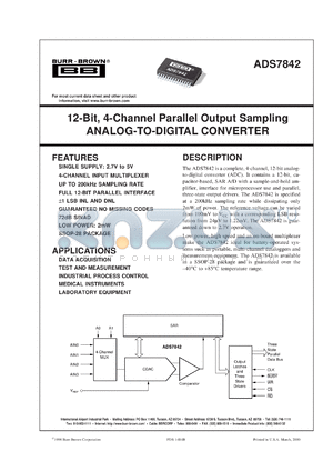 ADS7842E/1K datasheet - 12-Bit, 4-Channel Parallel Output Sampling Analog-to-Digital Converter