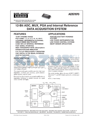 ADS7870EA/250 datasheet - 12-Bit ADC, MUX, PGA and Internal Reference Data Acquisition System