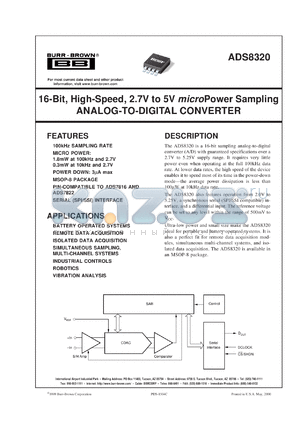 ADS8320E/250 datasheet - 16-Bit, High-Speed, 2.7V to 5V Micro Power Sampling Analog-to-Digital Converter