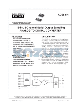 ADS8344E/2K5 datasheet - 16-Bit, 8-Channel Serial Output Sampling Analog-to-Digital Converter