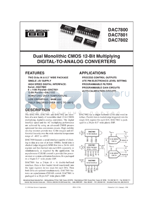 DAC7801KU/1K datasheet - Dual Monolithic CMOS 12-Bit Multiplying Digital-to-Analog Converters