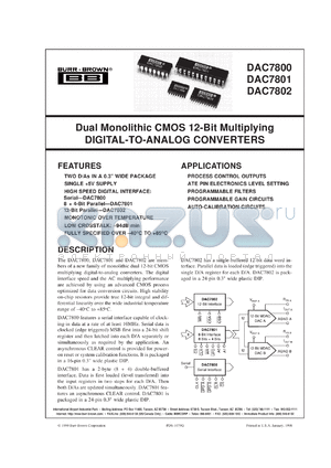 DAC7802KU/1K datasheet - Dual Monolithic CMOS 12-Bit Multiplying Digital-to-Analog Converters