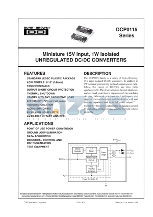 DCP011512DP datasheet - Miniature 15V Input, 1W Isolated Unregulated DC/DC Converters