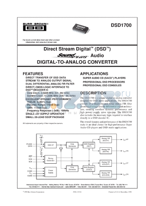 DSD1700E/2K datasheet - Direct Stream Digital™ (DSD™) Digital-To-Analog Converter