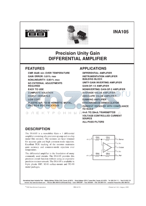 INA105KU/2K5 datasheet - Precision Unity Gain Differential Amplifier