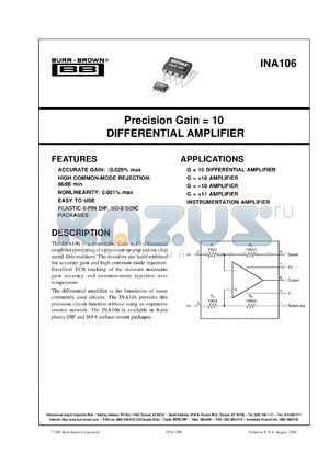 INA106U datasheet - Precision Fixed-Gain Differential Amplifier