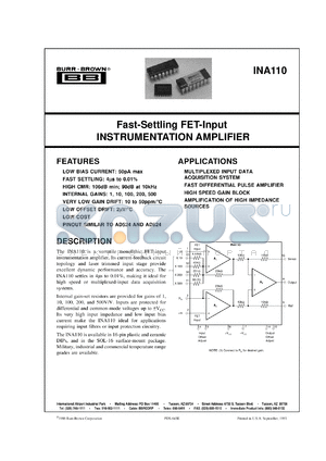 INA110KU/1K datasheet - Fast-Settling FET-Input Very High Accuracy Instrumentation Amp