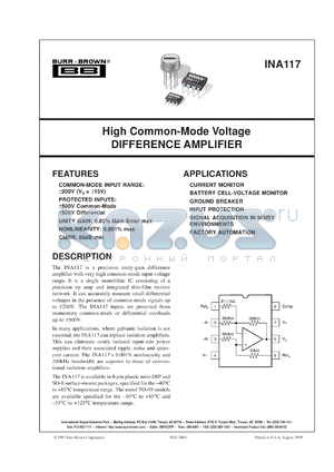 INA117KU/2K5 datasheet - Precision High Common-Mode Voltage, Unity Gain Differential Amplifier