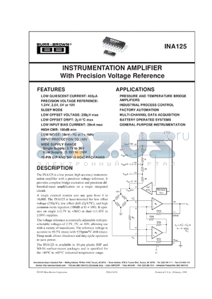 INA125U/2K5 datasheet - Instrumentation Amplifier with Precision Voltage Reference