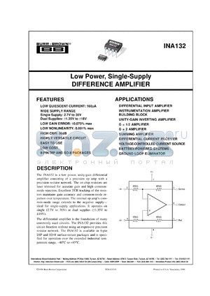 INA132U/2K5 datasheet - Low Power, Single-Supply Difference Amplifier