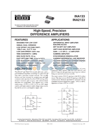 INA2133UA/2K5 datasheet - High-Speed, Precision DIFFERENCE AMPLIFIERS