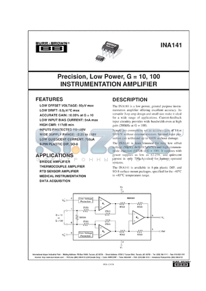 INA141UA/2K5 datasheet - Precision, Low Power, G=10, 100 Instrumentation Amplifier
