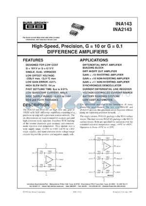 INA2143U/2K5 datasheet - High-Speed, Precision, G = 10 or G = 0.1 DIFFERENCE AMPLIFIERS