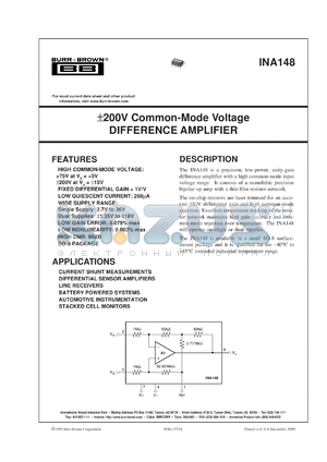 INA148UA/2K5 datasheet - ±200V Common-Mode Voltage Difference Amplifier