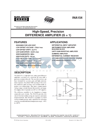 INA154UA/2K5 datasheet - High-Speed, Precision Difference Amplifier (G = 1)