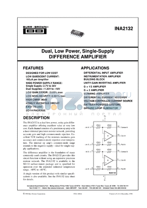 INA2132UA/2K5 datasheet - Dual, Low Power, Single-Supply Difference Amplifier