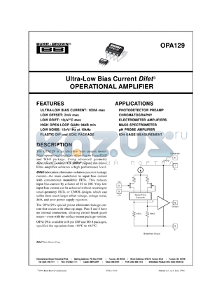 OPA129UB/2K5 datasheet - Ultra-Low Bias Current Difet® Operational Amplifier