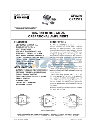 OPA349UA/2K5 datasheet - 1µA, Rail-to-Rail, CMOS Operational Amplifiers